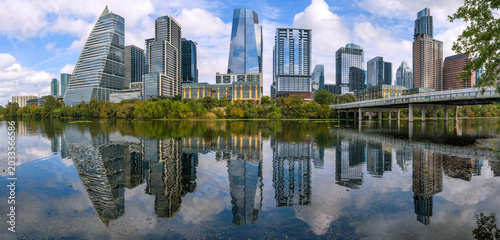 Morning Austin Skyline - A panoramic morning view of modern skyscrapers towering at shore of Lady Bird Lake at Downtown Austin, Texas, USA.