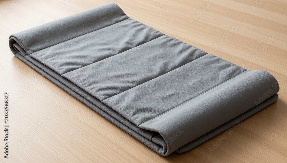 Fototapeta premium Folded gray synthetic material with quilted texture placed on light wooden surface representing high quality textile for industrial manufacturing and modern furniture design
