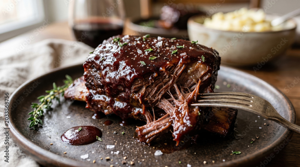 Fototapeta premium Beef short rib braised beef short rib barbecue sauce glazed meat slow cooked comfort food dinner gourmet close up, tender beef short rib braised until falling apart, coated thick shiny sauce