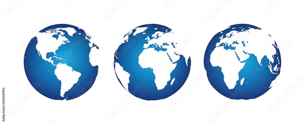 Obraz premium Three globes depicting Earth with continents in white against blue oceans, representing global connection and international travel