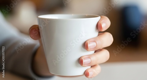 Close up of a hand holding a white ceramic mug on a blurred background