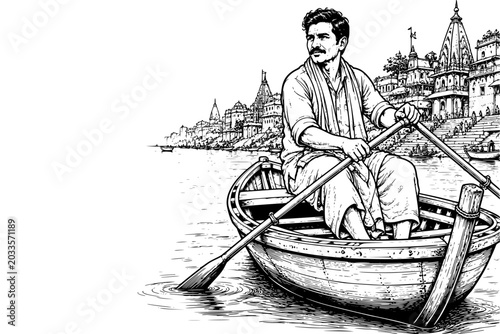Photography Indian Boatman In The River Near The Ghat