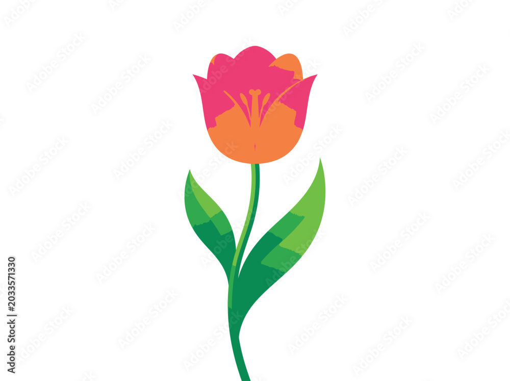 Fototapeta premium Colorful tulip flower icon, vibrant pink orange bloom, green leaves, floral symbol