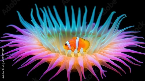 A vibrant clownfish nestled within a colorful sea anemone against a black background.