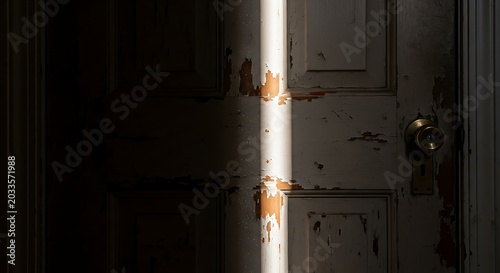 Dramatic sunlight on an old weathered wooden door with peeling paint and brass doorknob