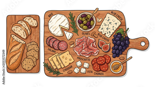 Photos Top view hand-drawn illustration of a gourmet charcuterie and cheese board featuring salami, prosciutto, brie, olives, and grapes, plus a separate platter of sliced artisan bread and crackers