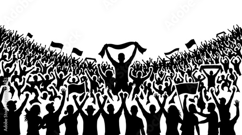 Silhouette of a massive crowd cheering at a sports stadium or music concert, with people holding up flags and scarves against a white background, symbolizing victory, celebration, and unity.