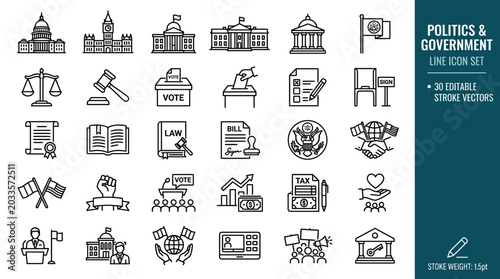 Fotografía Comprehensive collection of 30 politics and government line icons featuring symbols for voting, law, justice, international relations, elections, and public administration for graphic design