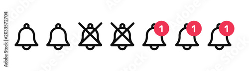 Quadro em tela Notification bell icon collection including mute silent and unread alert modes for smartphone app interface