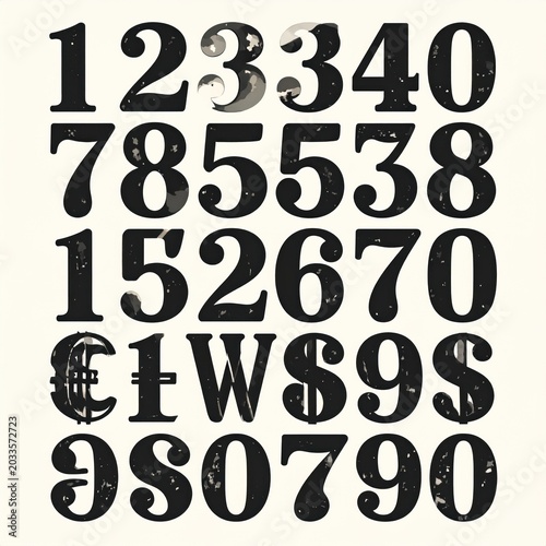 Aged, serif font numbers and symbols arranged in a grid on a cream background