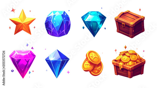 3d icon set of game assets, mystery elements. Mobile game icons, star and shiny potion, diamonds, ruby, treasure chest filled with coins
