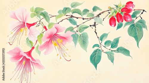 Loose watercolor pink red flowers fuchsia with yellow green center light yellow background curving branch jagged leaves dark red bloom upper right impressionistic translucent washes