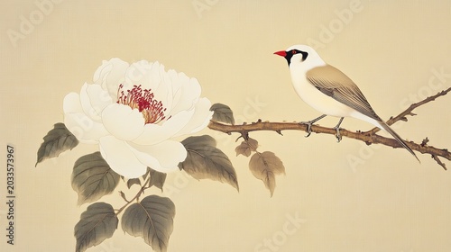 Vertical painting white bird on brown thorn branch right side black face white eye stripe red beak gray tail white flower red center lower left dark green leaves thorns light beige