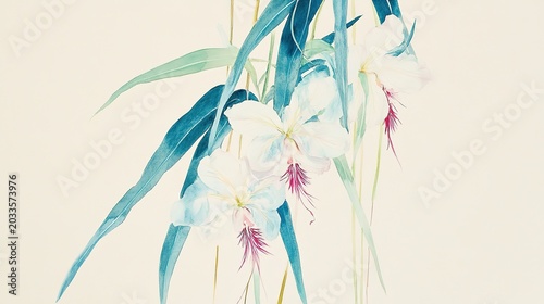 Vertical watercolor two intertwining plant stems vivid blue green leaves plain light beige background three white flowers fuchsia centers stamens hanging downwards sparse green grass at bottom