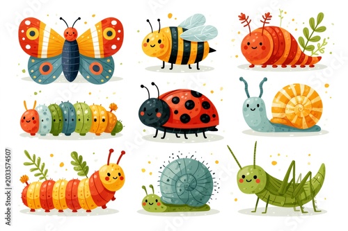Collection of cute cartoon insects and garden bugs