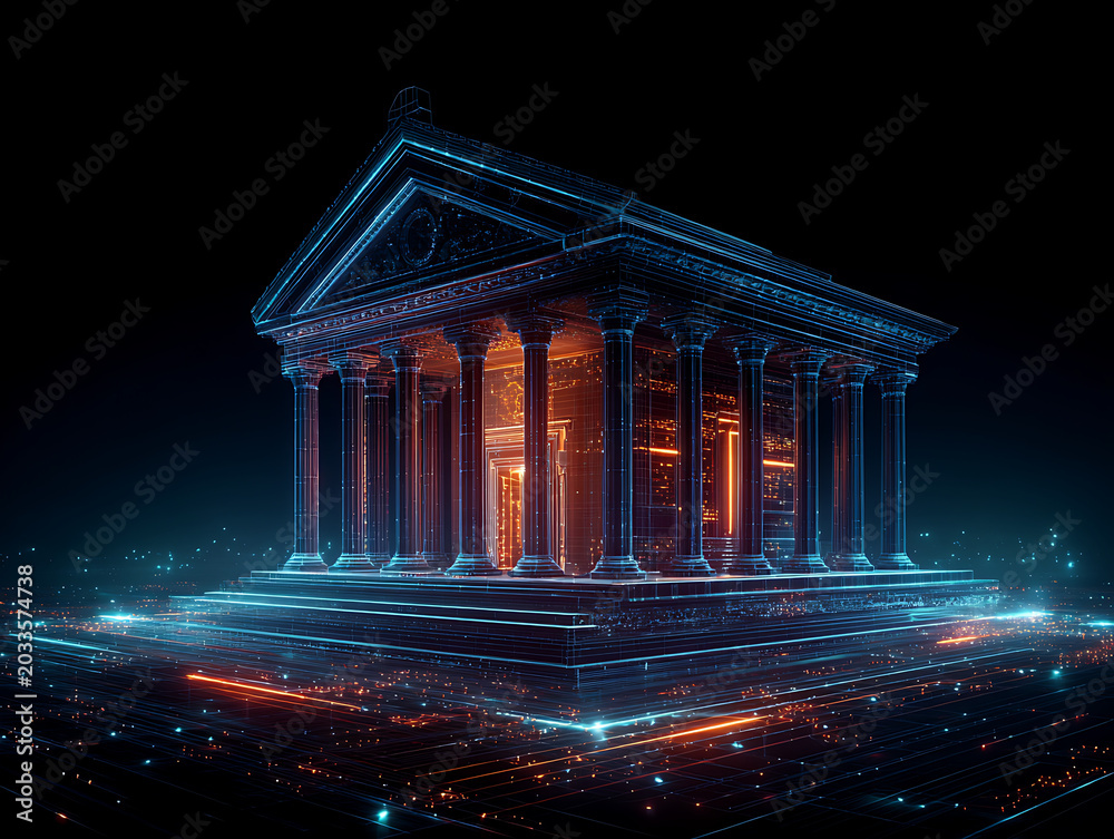 Obraz premium Luminous wireframe classical temple in futuristic neon glow at night