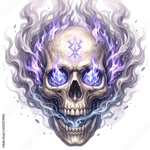 Human skull with glowing purple fire and mystical symbol isolated on transparent background