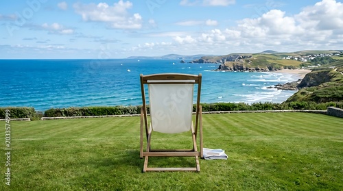 A high-resolution, eye-level photograph of a wooden deckchair with a white canvas sling, centered on a perfectly manicured green lawn with an ocean view backdrop