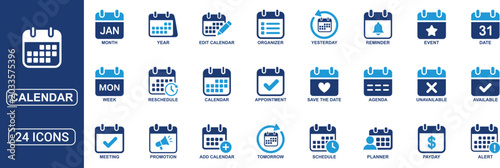 Bild auf Leinwand Calendar Solid Icon Set Featuring Date, Schedule, Month, Week, Appointment, Agen
