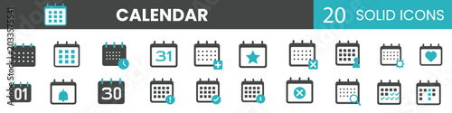 Calendar and schedule management solid icons pack. Vector illustration of teal and grey time organizer shapes representing business appointment date, event planning, or reminder.