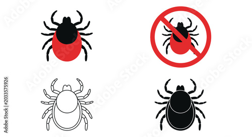 Collection of tick icons showing a colored tick, a forbidden tick symbol, and outline and solid black tick illustrations
