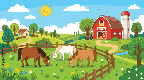 Cartoon farm landscape with horses grazing in a green meadow, rural countryside scene with red barn and silo, sunny agricultural ranch vector