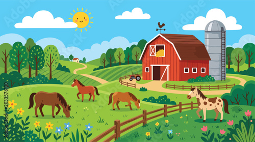 Cartoon farm landscape with horses grazing in green pasture, red barn with silo on sunny countryside ranch, rural agriculture vector background