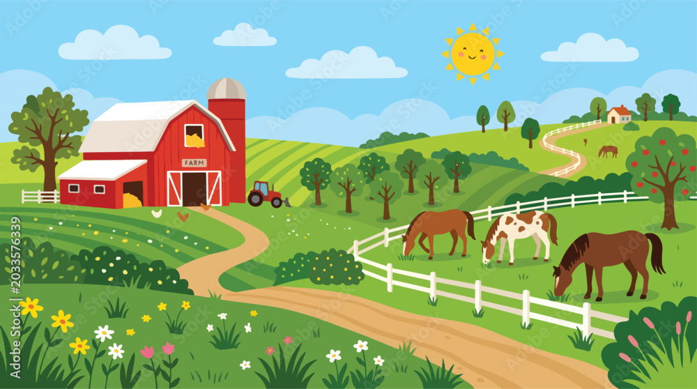 Obraz premium Cartoon farm landscape with red barn and horses, rural countryside background with grazing animals and tractor, colorful agriculture vector illustration