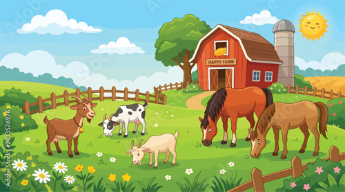 Cartoon farm landscape with horses and goats, rural countryside scene with red barn and silo, happy farm animals grazing in green meadow vector