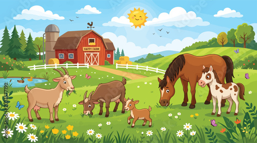 Cartoon farm landscape with cute animals, red barn and silo in rural countryside, horses and goats grazing on green meadow, sunny summer day vector