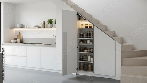 Modern minimalist white kitchen with space-saving under-stairs pantry storage solution