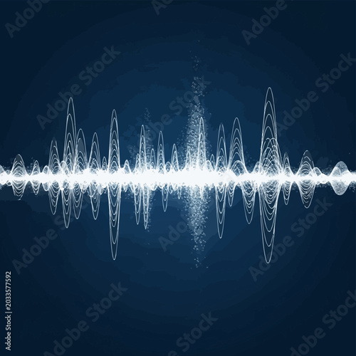 Abstract sound wave frequency representation with white glowing lines and particle spray on a dark blue background showing digital signal processing and audio data visualization.