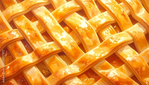 Realistic macro top view of woven pie pastry lattice crust, golden baked dough, glossy finish, photorealistic, warm lighting, ultra sharp focus, shallow depth of field.