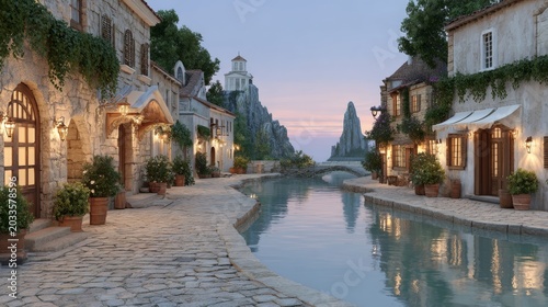A serene, picturesque Mediterranean village scene at twilight, featuring stone buildings along a calm waterway leading toward distant coastal cliffs and a small church.