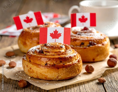 Golden Cinnamon Rolls Decorated with Canadian Flags on Rustic Wooden Table