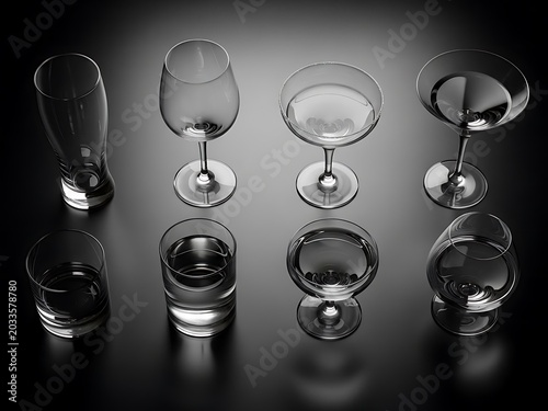 Variety of Empty and Filled Beverage Glassware on Dark Reflective Background