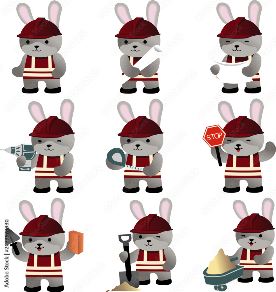Obraz premium Cute Construction Rabbit Worker Character Set Vector Illustration Collection Isolated on Transparent Background