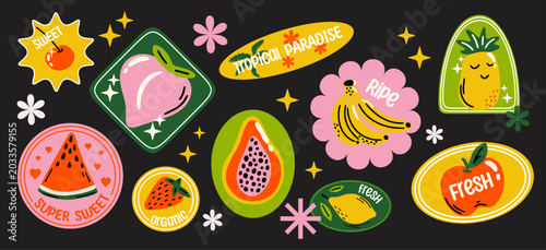 Tropical summer fruits vector sticker set with cartoon retro groovy funky colorful illustration of different healthy food labels, badges, paper tags for grocery packaging aesthetic
