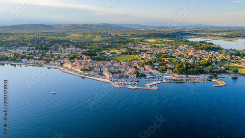 Aerial view of Bouzigues on the Thau Lagoon, in the Hérault department, Occitanie region, France