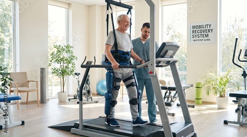 rehabilitation therapy robot concept. An elderly man uses a mobility recovery system with a therapist's assistance in a bright rehabilitation center.