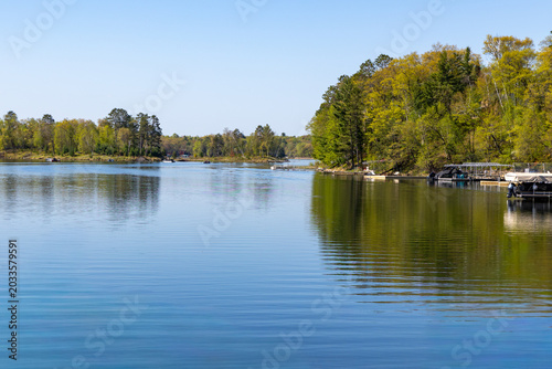 Scenic Loon Lake Waterfront in Crosslake Minnesota on a Calm Summer Morning