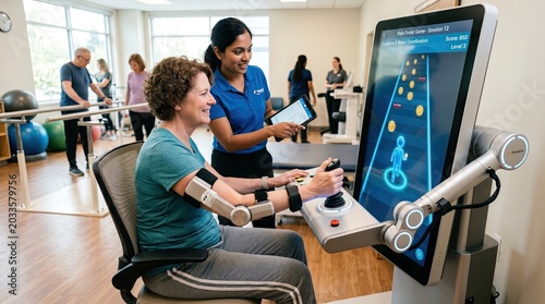 rehabilitation therapy robot concept. Senior woman using robotic arm rehabilitation device with therapist assistance in a modern therapy center.