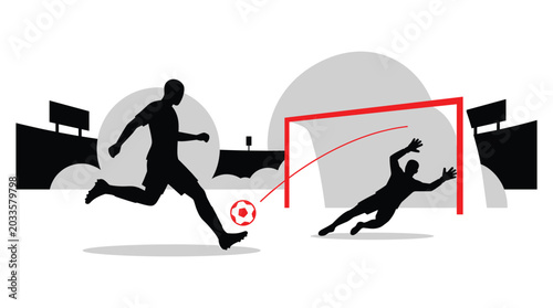 Soccer scene silhouette with player kicking ball towards goal gray and red color scheme athlete athletics competition contest defender discipline exercise football game goalkeeper kick