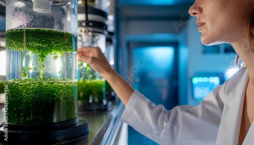 Young female scientist in a lab examining green plant tissue cultures in glass tubes, research on sustainable biology and food tech.