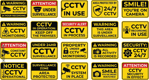 Collection of Yellow CCTV Security Warning and Information Signs