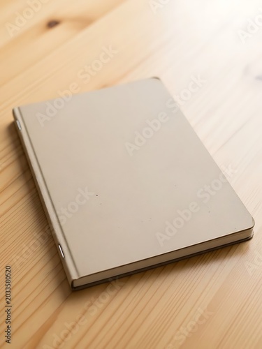 plain beige notebook on a light wooden table surface