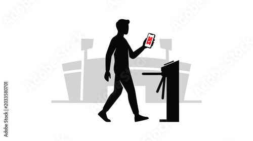 Silhouette of a person with a smartphone approaching a turnstile gateway figure human mobile device screen technology barrier entrance access stadium arena sport event competition