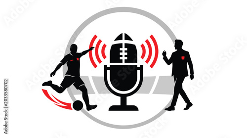 Soccer broadcasting silhouette with microphone and players black and red design football player athlete athletes sport game match competition mic audio sound recording podcast transmission