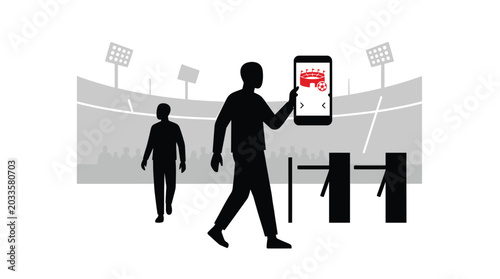 Silhouettes of people with a smartphone displaying a stadium flat vector illustration silhouette person sports soccer football game match event fan spectator audience mobile device