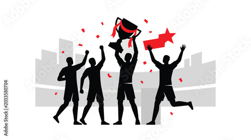 Silhouette of celebrating soccer players with trophy and star against a gray background football athlete athletes champions victory winning triumph celebration joyful jubilant sports competition